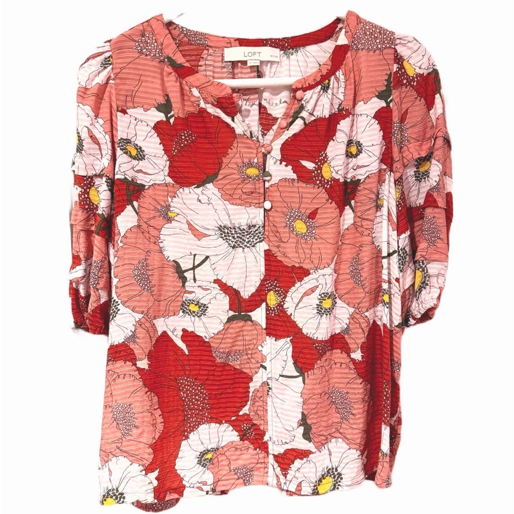 LOFT Floral Cotton Blend Textured Short Sleeve Buttoned Blouse Red Pink Sz SP